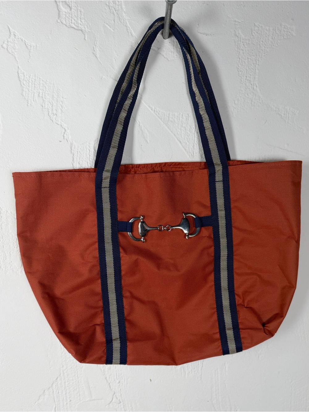 Nautical Style  Red Rust Color Nylon Tote Bag with Blue and Gray Straps - EUC